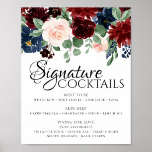 Rustic Floral   Navy Blush Burgundy Newlywed Drink Poster