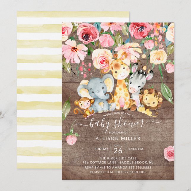 Rustic Floral Neutral Safari Animals Baby Shower Invitation (Front/Back)