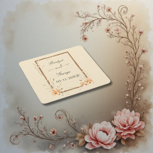 Rustic Floral Neutral Wedding Square Paper Coaster