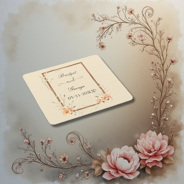 Rustic Floral Neutral Wedding  Square Paper Coaster (Creator Uploaded)