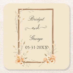 Rustic Floral Neutral Wedding Square Paper Coaster