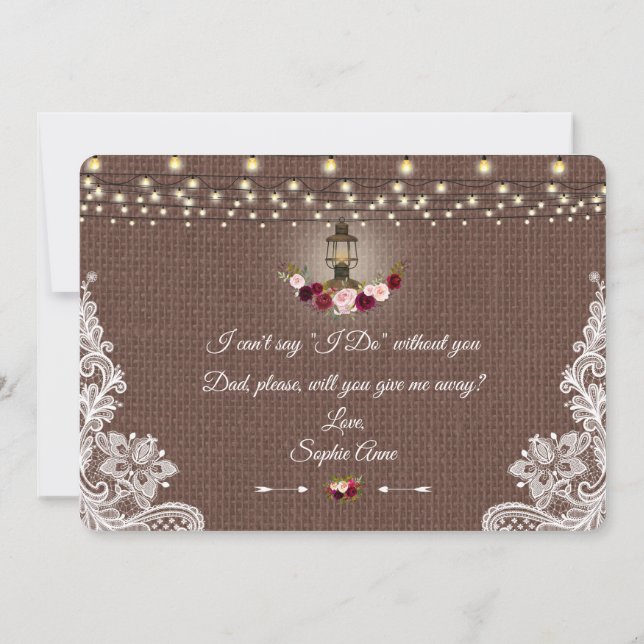 Rustic Floral Old Lantern Will You Give Me Away Invitation (Back)