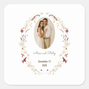 Rustic Floral Oval Photo Frame Botanical Wreath Square Sticker