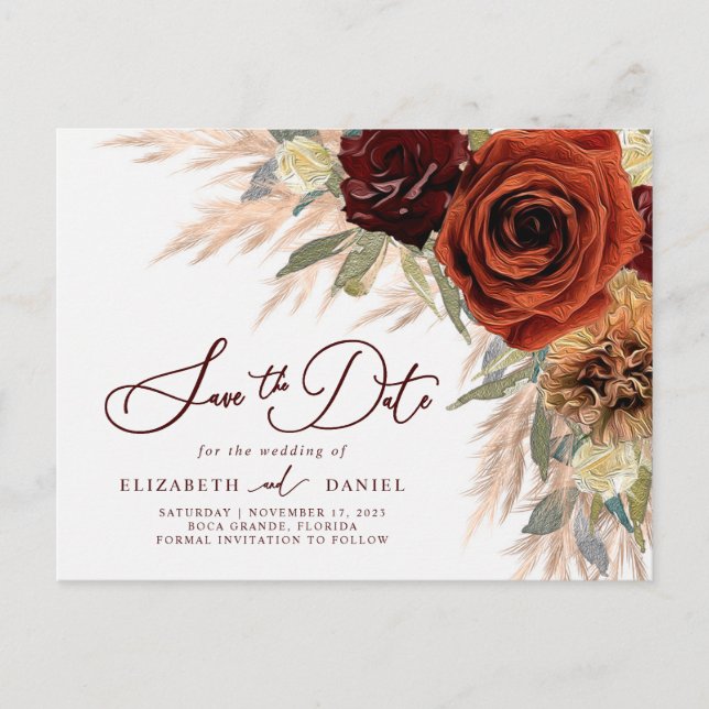 Rustic Floral Pampas Grass Save The Date Postcard (Front)