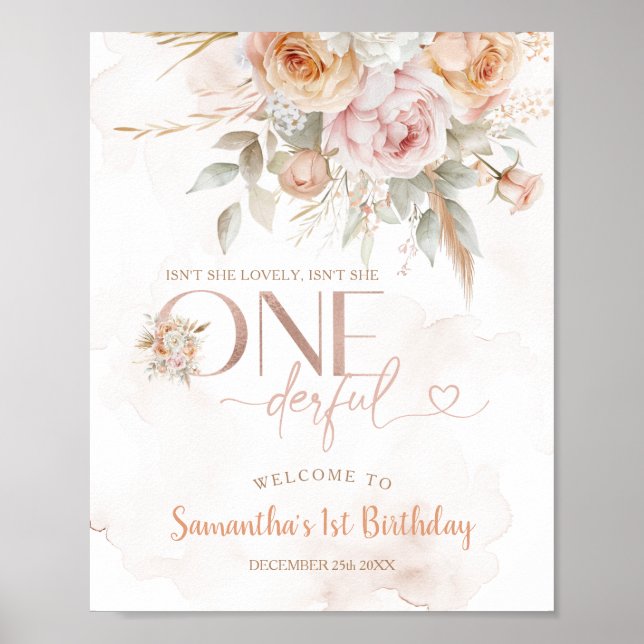 Rustic Floral Pampas Isn't She Onederful Welcome Poster (Front)