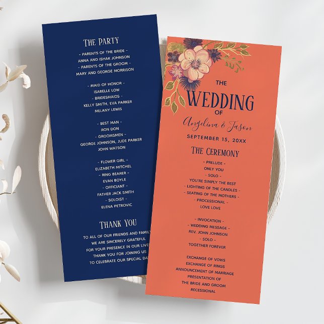 Rustic Floral Peach and Navy Blue Wedding Program (Creator Uploaded)