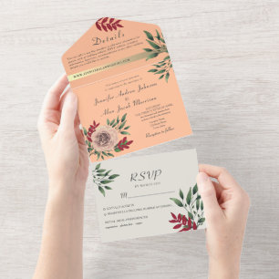 Rustic Floral Peach Fuzz Wedding All In One Invitation