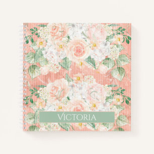 Rustic Floral Peach Green Personalized Notebook