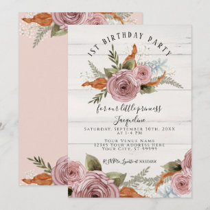 Rustic Floral Peony Dusty Pink 1st First Birthday Invitation