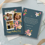 Rustic Floral Photo Collage Mother's Day Real Foil Holiday Card<br><div class="desc">Give Mom a gift that feels as warm as a summer afternoon. This elegant real foil pressed Mother’s Day card features a beautiful three-photo collage, allowing you to showcase your favorite moments—from quiet hugs to playful walks in the meadow. Set against a sophisticated deep teal background, the design is accented...</div>
