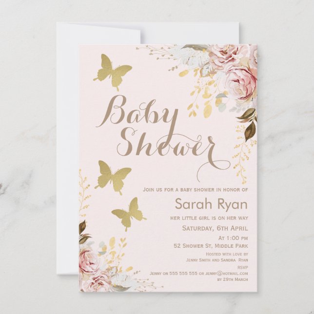 Rustic Floral Pink Butterflies Baby Shower Invitation (Front)