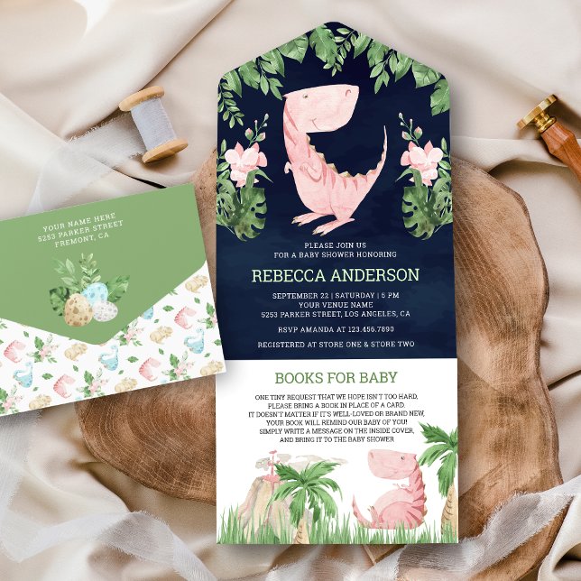 Rustic Floral Pink Dinosaur Navy Blue Baby Shower All In One Invitation (Creator Uploaded)