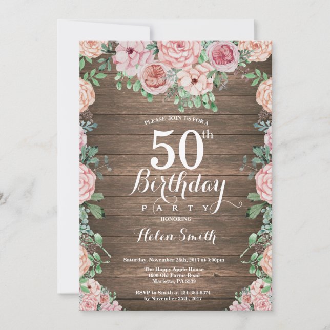 Rustic Floral Pink Peonies 50th Birthday Invitation (Front)