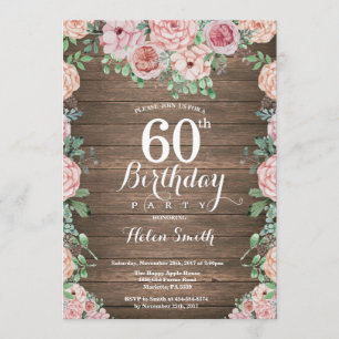 Rustic Floral Pink Peonies 60th Birthday Invitation