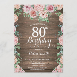 Rustic Floral Pink Peonies 80th Birthday Invitation
