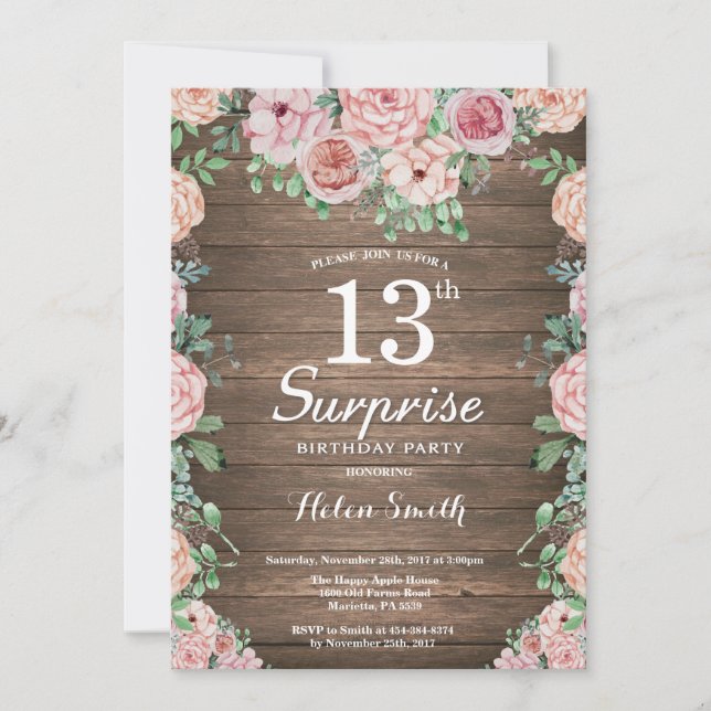 Rustic Floral Pink Peonies Surprise 13th Birthday Invitation (Front)