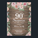 Rustic Floral Pink Peonies Surprise 90th Birthday Invitation<br><div class="desc">Rustic Floral Pink Peonies Surprise 90th Birthday Invitation for Women. Watercolor Floral Flower. Elegant Pink Rose and Peony Flowers. Adult Birthday. Rustic Wood Background. Country Vintage Retro. 13th 15th 16th 18th 20th 21st 30th 40th 50th 60th 70th 80th 90th 100th, Any Ages. For further customization, please click the "Customize it"...</div>