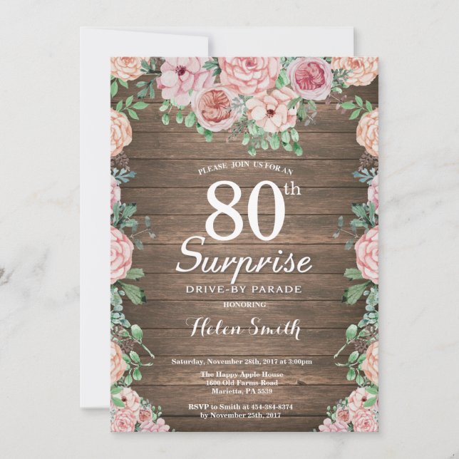 Rustic Floral Pink Surprise 80th Drive-by Parade Invitation (Front)