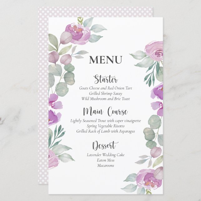 Rustic Floral Pink Watercolor Wedding Menu (Front/Back)