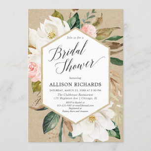 Rustic floral pink white magnolia bridal shower invitation