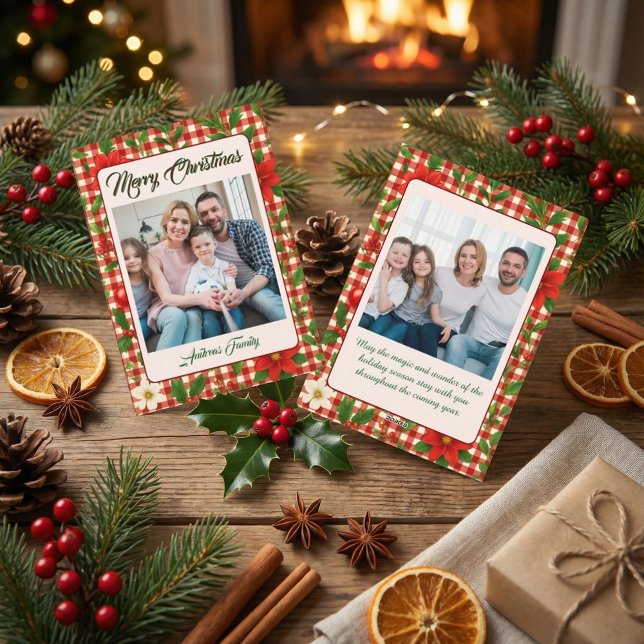 Rustic Floral Plaid 2 Photo Christmas Holiday Card (Creator Uploaded)