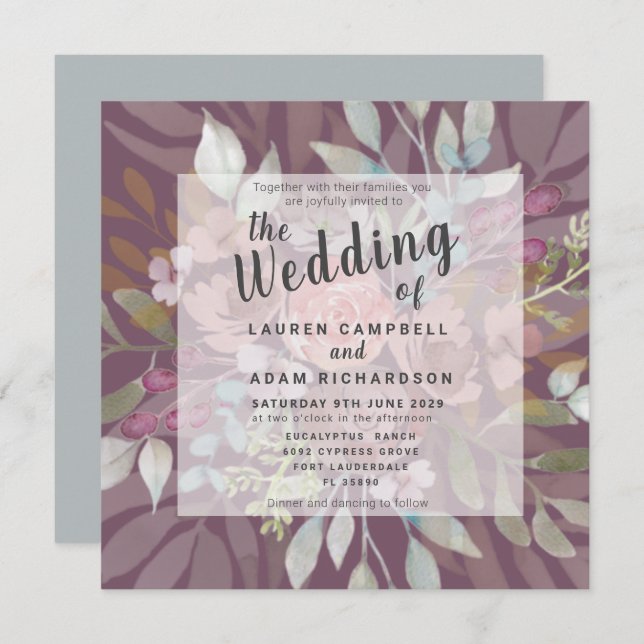 Rustic Floral Plum Purple Wedding Invitation (Front/Back)