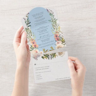 Rustic Floral Powdered Blue Wedding All In One Invitation