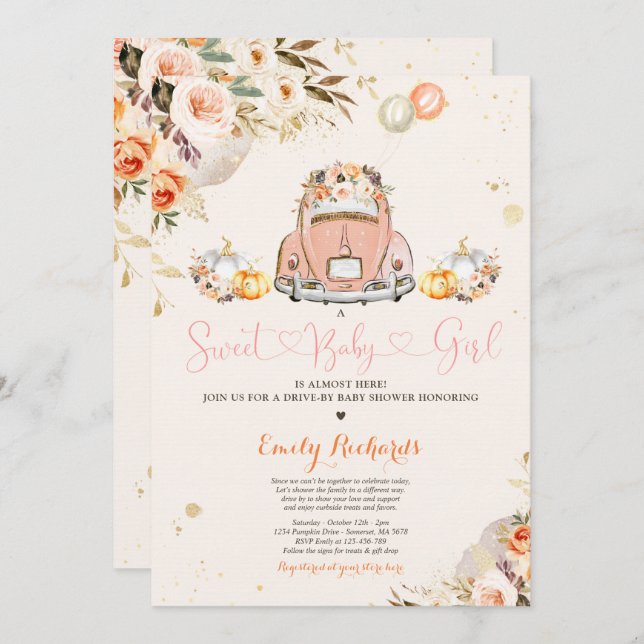 Rustic Floral Pumpkin Drive By Baby Shower Invitation (Front/Back)