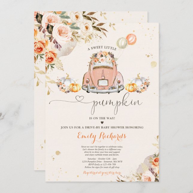 Rustic Floral Pumpkin Drive By Baby Shower Invitation (Front/Back)
