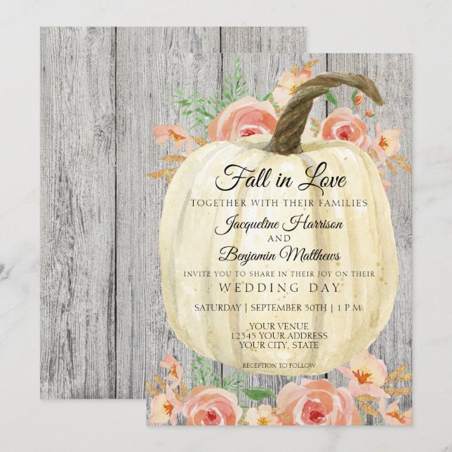 Rustic Floral Pumpkin Peach Coral Rose n Grey Wood Invitation (Front/Back)