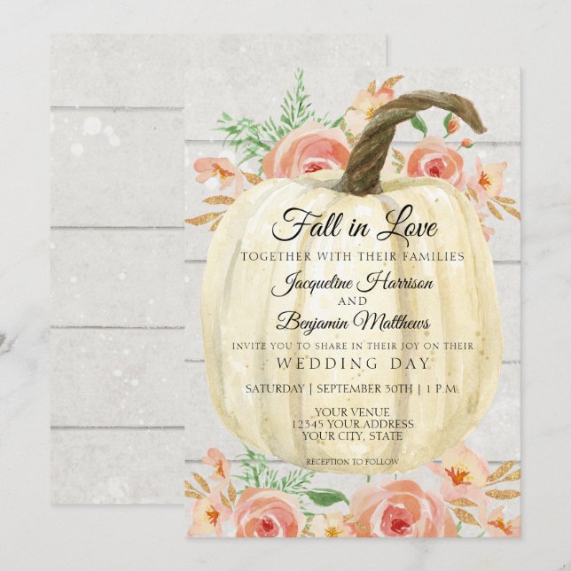 Rustic Floral Pumpkin Peach Coral White Shiplap Invitation (Front/Back)