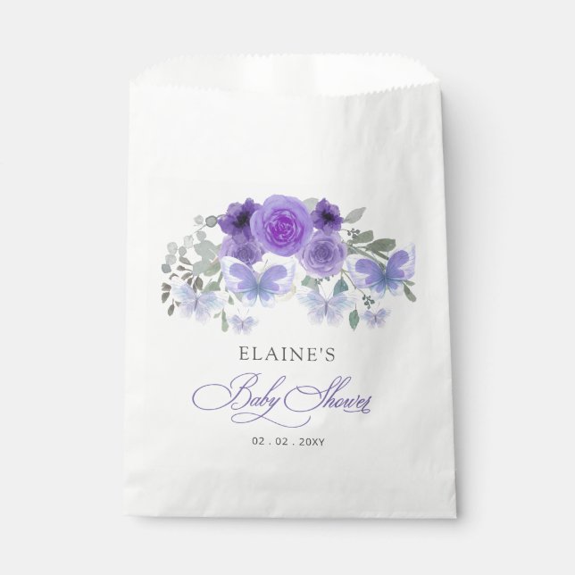 Rustic Floral Purple Lilac Butterflies Baby Shower Favour Bag (Front)