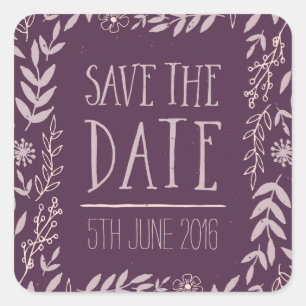 Rustic Floral Purple Save the Date Square Sticker