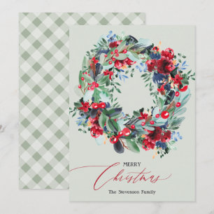 Rustic floral red green Christmas wreath  Holiday Card