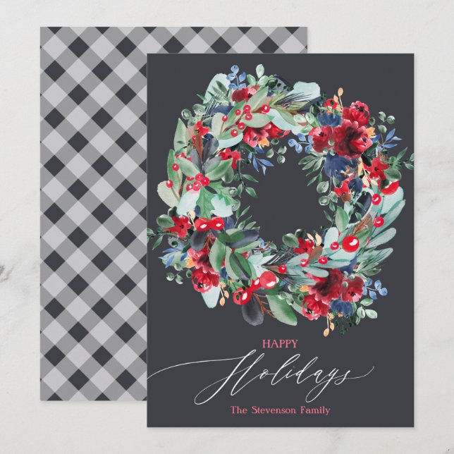 Rustic floral red grey Christmas wreath happy Holiday Card (Front/Back)