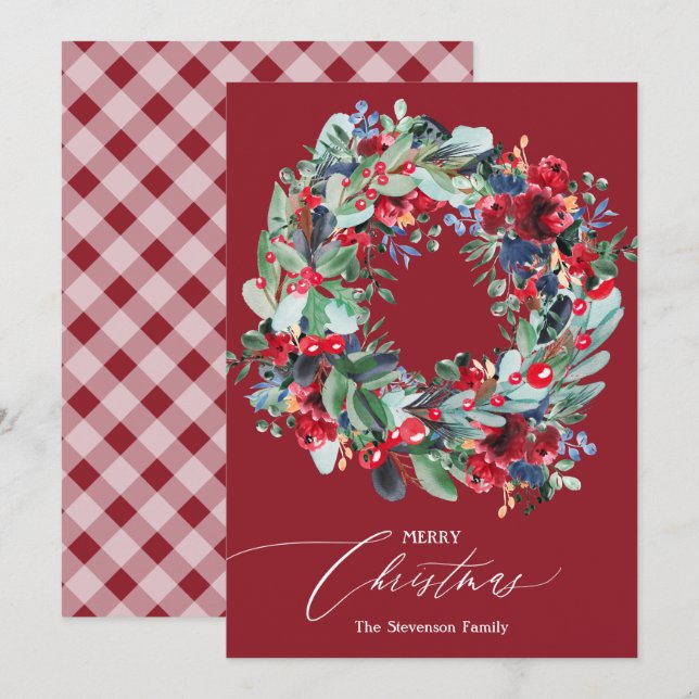 Rustic floral red navy blue Christmas wreath Holiday Card (Front/Back)