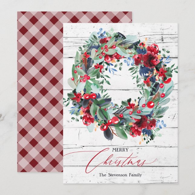 Rustic floral red wood Christmas wreath Holiday Card (Front/Back)