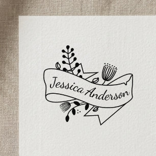 Rustic Floral Ribbon Badge Personalized Name Rubber Stamp