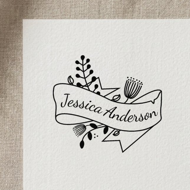 Rustic Floral Ribbon Badge Personalized Name Rubber Stamp (Creator Uploaded)