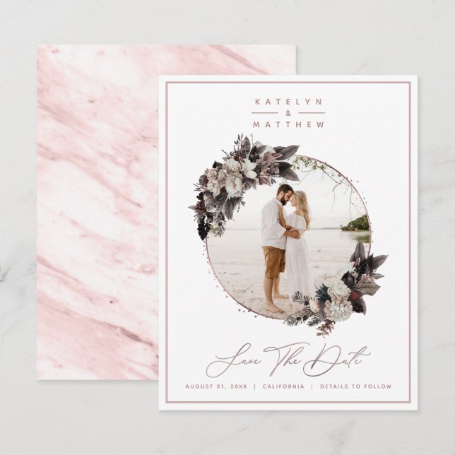 Rustic Floral Rose Gold Framed Photo & Calligraphy Save The Date (Front/Back)