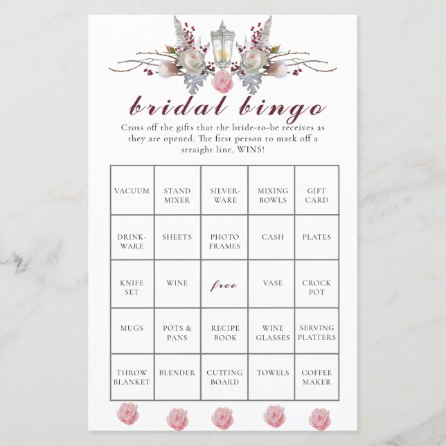 Rustic Floral Roses & Lantern Bridal Shower Bingo (Front)