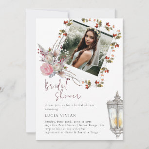 Rustic Floral Roses & Lantern Photo Bridal Shower Invitation