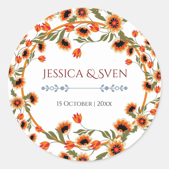 Rustic Floral Scandinavian Folk-Inspired Wedding Classic Round Sticker (Front)