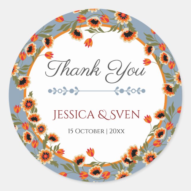Rustic Floral Scandinavian Folk-Inspired Wedding Classic Round Sticker (Front)