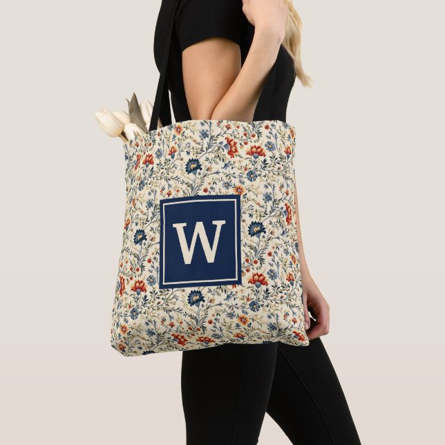 Rustic Floral Scandinavian Wildflowers Monogram Tote Bag (Close Up)