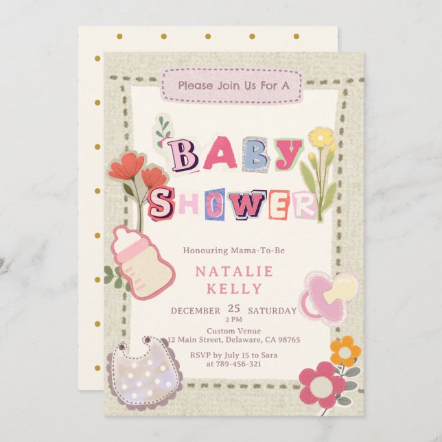 Rustic Floral Scrapbook Collage Baby Shower Invitation (Front/Back)