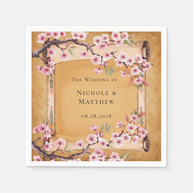 Rustic Floral Scroll Cherry Blossom Wedding Napkin (Front)