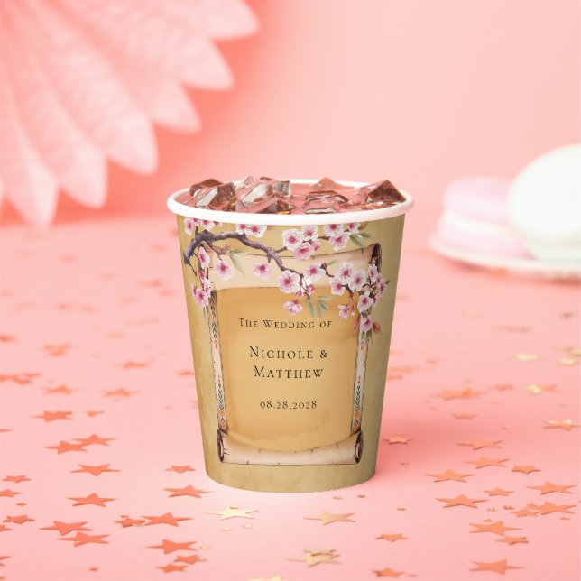 Rustic Floral Scroll Cherry Blossom Wedding Paper Cups (Insitu)