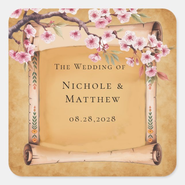 Rustic Floral Scroll Cherry Blossom Wedding Square Sticker (Front)