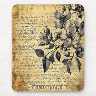 Rustic Floral Sketch with Calligraphy - Aged (1) Mouse Pad